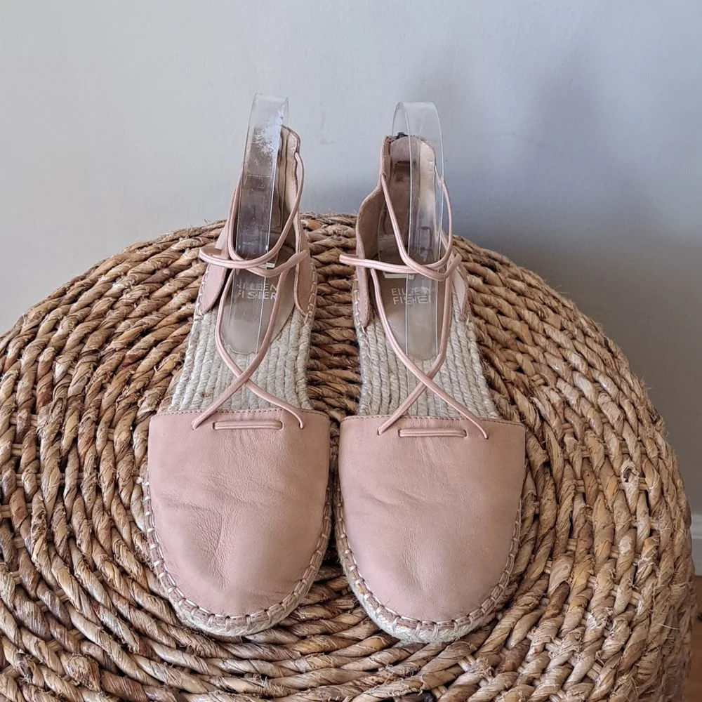 EILEEN FISHER Womens Nude/Blush Leather Elastic Lace Espadrille Wrap Sandals 7.5